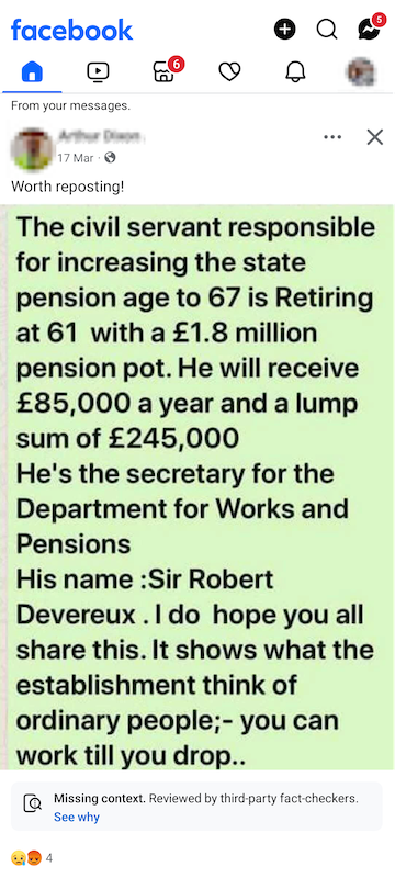 A screenshot of the Facebook post in question, with a fact-checker warning underneath